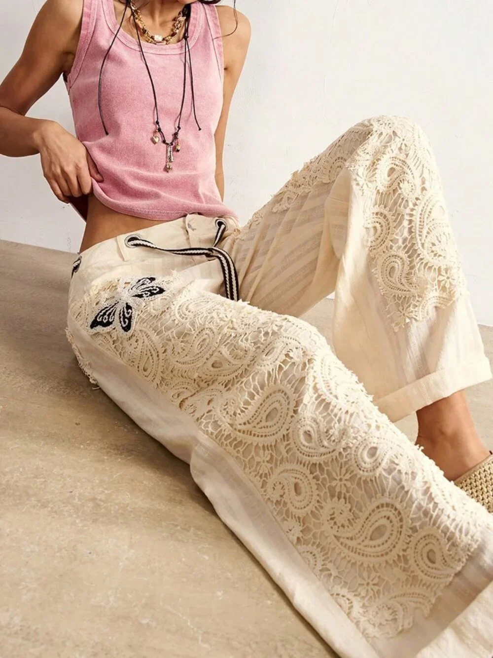 Multicolor Casual Women's Boho Woven Contrast Lace Loose Wide Leg Long Pants